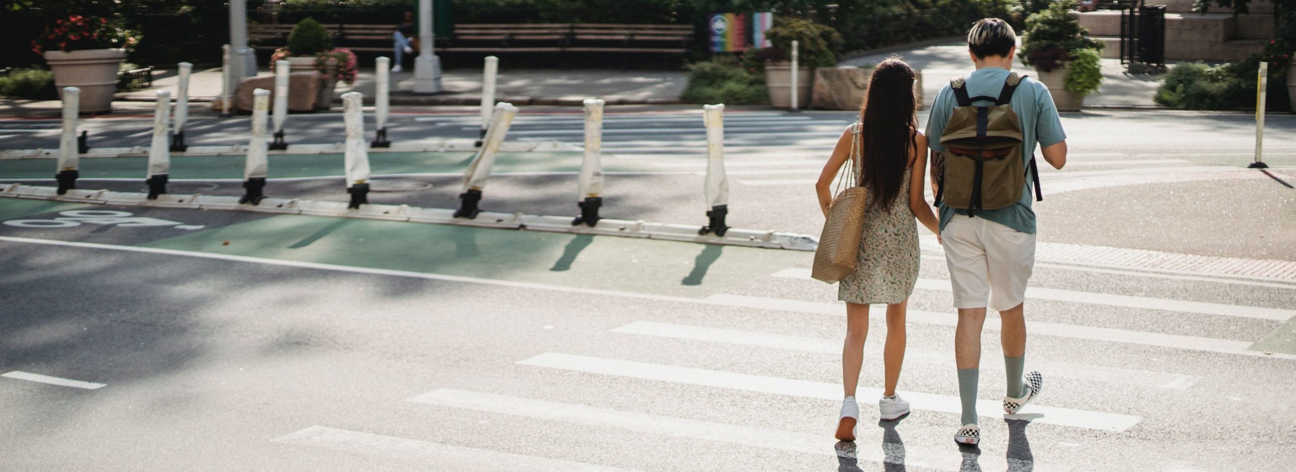 crossing the street on the crosswalk